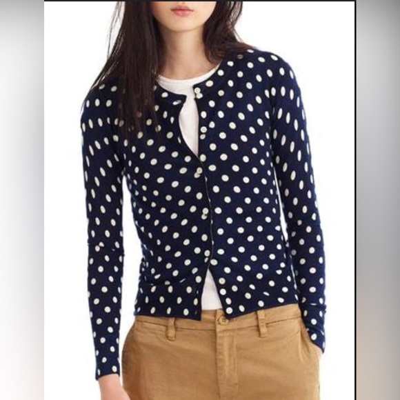 J. Crew Sweaters J Crew The Clare Cardigan Navy Blue And White Polka Dot Button Front Poshmark